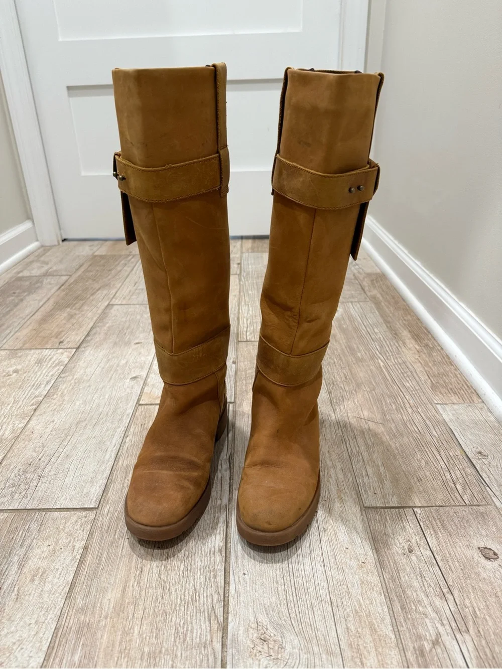 Timberland Tan Leather Knee-High Boot with Side Pocket Detail
